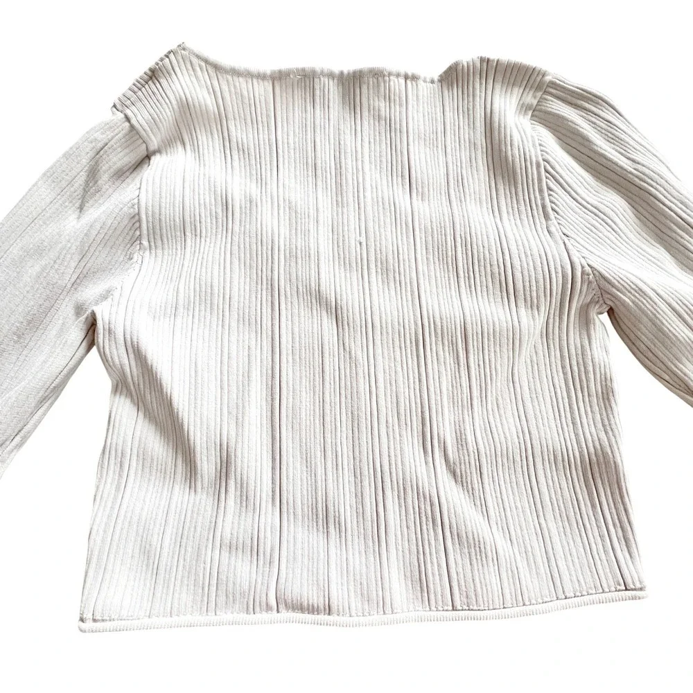 Zara Henley Top Women Large Cream Ribbed Knit Button Cuff Crop Casual Trendy